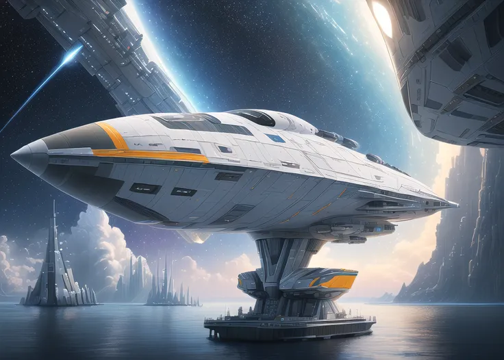 (Award Winning digital artwork:1.3), (masterpiece, Ultra-detailed, hyperrealistic:1.3), (highres,absurdres, mature adult), (Starship, spaceage engineering, highly detailed vehicle), (extremely detailed starship architecture:1.3), floating city