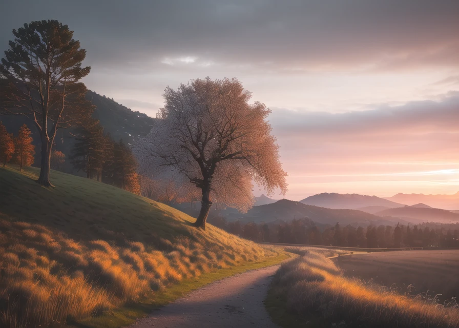(Award Winning Photo:1.3) of (Dslr Camera:1.3), (masterpiece, Ultra-detailed, photorealistic, F-Stop = f/11, ISO = 100, Shutter = 1/125,HDR:1.3), (highres,absurdres, mature adult), fantasy landscape, colorful trees, hills, sunset, wind, leaves blowing in the wind, rocks, 4k, 8k, 16k, (photography by Leng Jun:1.3)