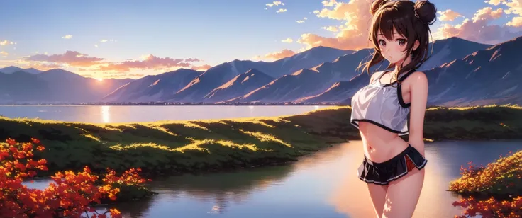 SFW, (1girl, solo focus:1.1), (very wide shot, foreshortening, perspective, depth of field), upper body, landscape, water, sunrise, horizon, cloud, sky, full body, outdoors, scenery, crop top, bun