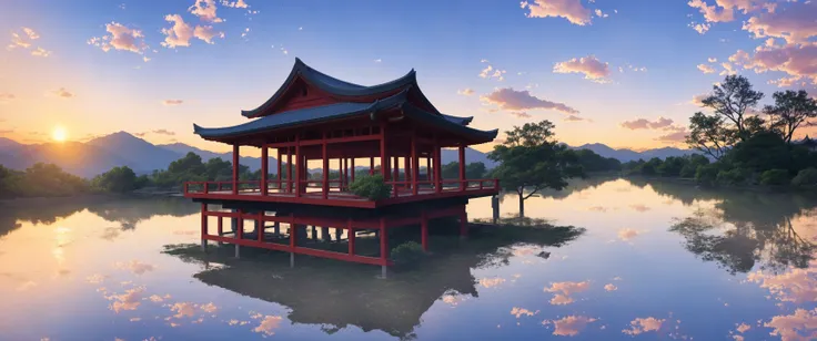 SFW, 1girl, solo focus, pov, very wide shot, landscape, east asian architecture, sunlight, sunrise, floating, cloud, sky, rain, water, full body, outdoors, scenery, depth of field
