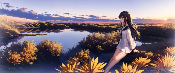 SFW, (1girl, solo focus:1.1), pov, very wide shot, landscape, sunrise, horizon, floating, cloud, sky, water, full body, outdoors, scenery, (depth of field, foreshortening:1.2)