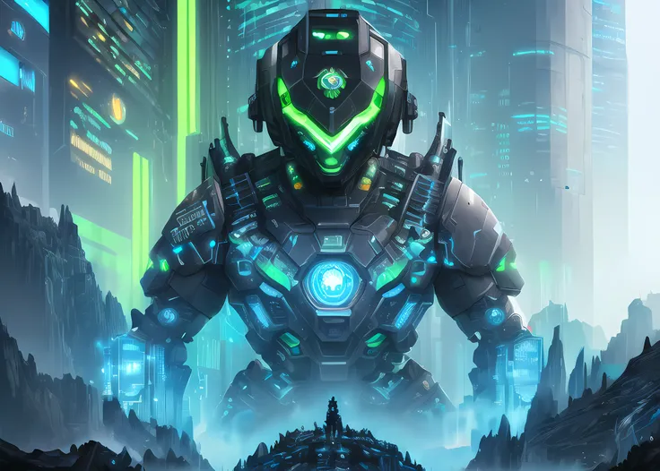 (Award Winning Digital Digital Artwork:1.3), (Masterpiece, Ultra-Detailed:1.3), (Cyberpunk golem),(mountain-sized monster),portrait, solo focus,machine, electronic, neon colored, futuristic, blue,green, sleek, intricate