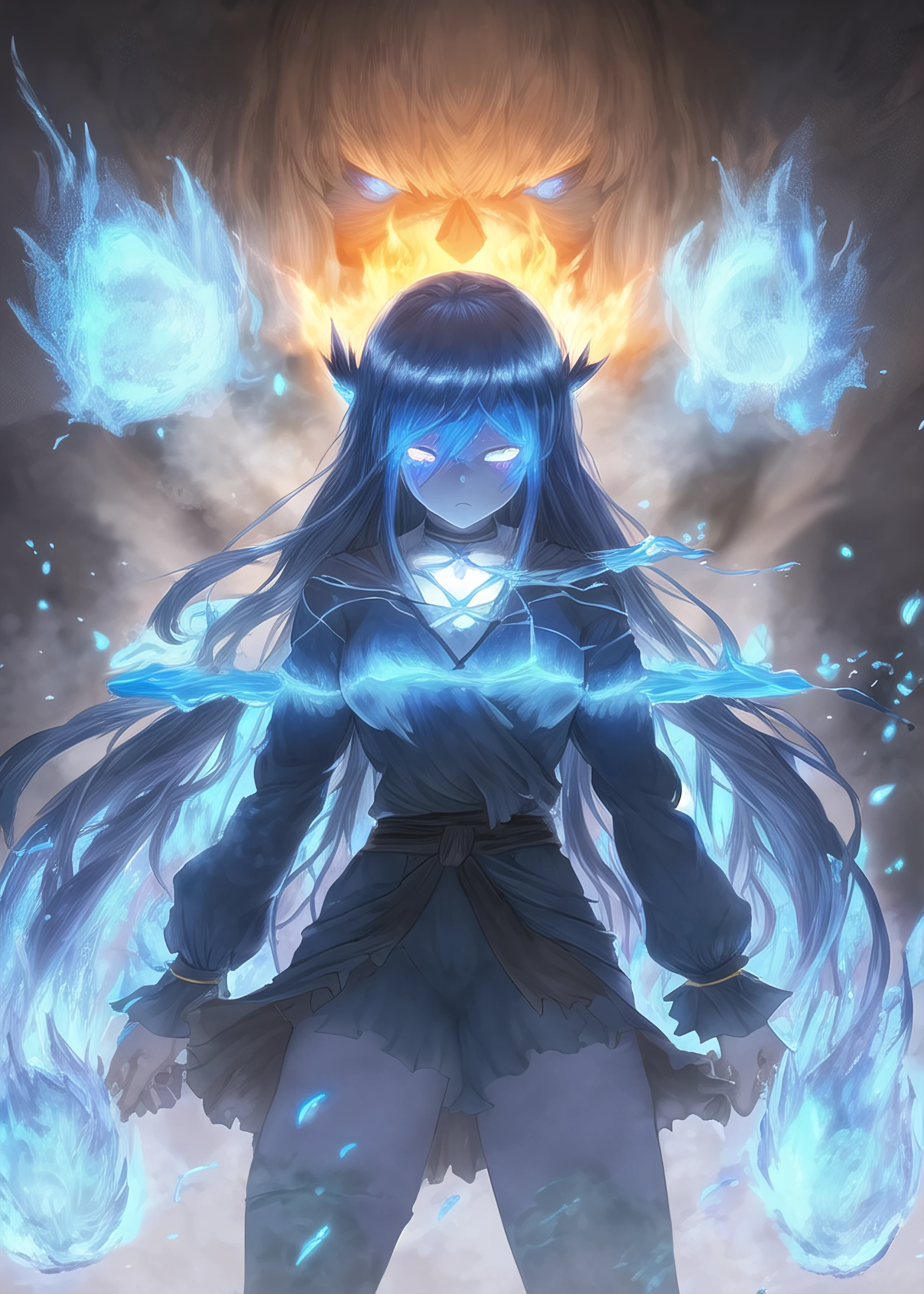 ART Gu Daoist Master Reverend Insanity Fang Yuan Webcomic-Style by Mizuzora,(Award Winning Digital Digital Artwork:1.3), (Masterpiece, Ultra-Detailed:1.3), portrait,solo focus, Female Blue Fire golem,(monster)_girl, blue fire, angry, embers, particles