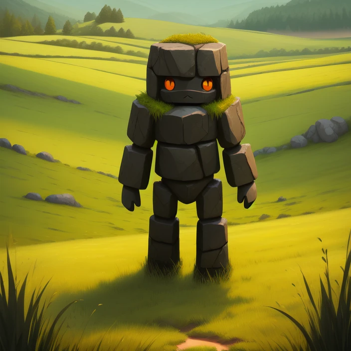 masterpiece, high res, detailed, facing viewer, full view, simple four legged stone golem, grass field