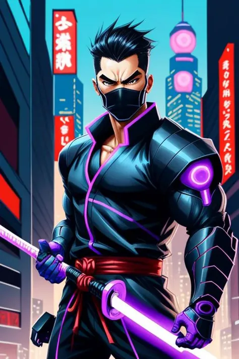 Create a portrait of a cybernetic ninja  in the style of Genndy Tartakovsky and Takeshi Koike. detailed face, perfect eye, perfect hands The samurai holds a glowing energy sword, ready to take on any challenge. Behind him, a neon-lit Japanese cityscape is visible, with towering skyscrapers and winding streets <lora:LuisapNijijourneyLORAV2_v2:.5>