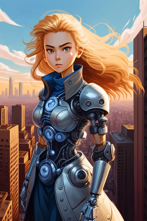 In the style of Hayao Miyazaki and J. Scott Campbell, create a portrait of a young (cybernetically-enhanced:1.2) girl, detailed face, perfect eye, perfect hands, her hair and clothes flowing in the wind standing on a rooftop, overlooking a bustling cyberpunk city, with airships and flying cars whizzing by in the background r<lora:LuisapNijijourneyLORAV2_v2:.5>