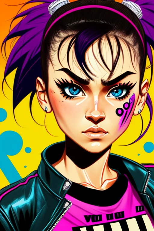 detailed face, perfect eye, perfect hands A stylized anime-inspired portrait of a female lead singer of a punk rock band, featuring bold linework, bright neon colors, and exaggerated facial expressions reminiscent of Scott Pilgrim vs. the World, K-On!, and Hi Score Girl<lora:LuisapNijijourneyLORAV2_v2:.5>