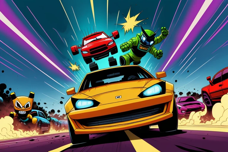 In a playful comic style by Scottie Young and Skottie Young, we see a whimsical hero flying through a neon-lit cityscape, detailed face, perfect eye, perfect hands lifting a car above their head with ease. The hero lets out a playful yell as they hurl the car towards a group of malfunctioning robots. Suddenly, a bolt of lightning strikes the car mid-flight, causing it to explode and take out the robots in a spectacular fashion.