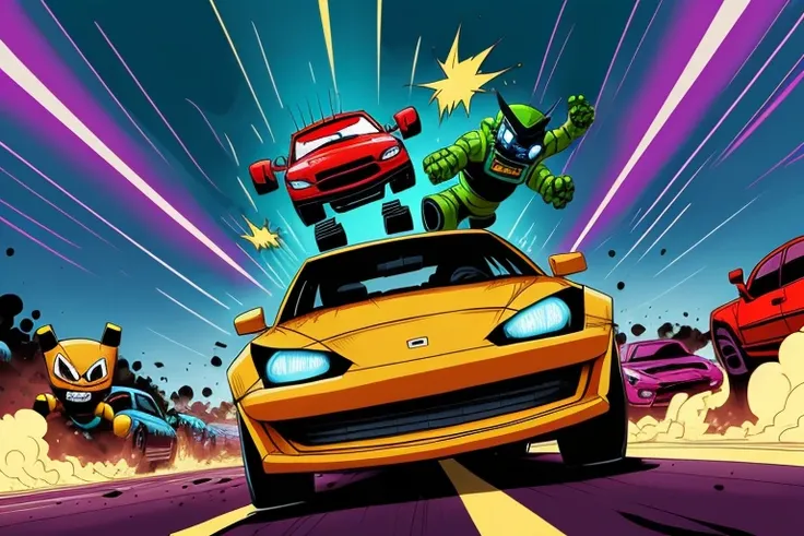 In a playful comic style by Scottie Young and Skottie Young, we see a whimsical hero flying through a neon-lit cityscape, detailed face, perfect eye, perfect hands  lifting a car above their head with ease. The hero lets out a playful yell as they hurl the car towards a group of malfunctioning robots. Suddenly, a bolt of lightning strikes the car mid-flight, causing it to explode and take out the robots in a spectacular fashion.