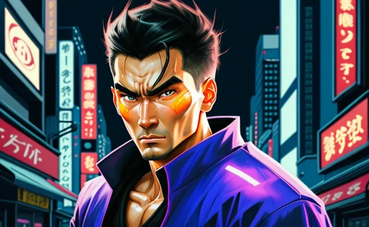 Create a portrait of a cybernetic ninja  in the style of Genndy Tartakovsky and Takeshi Koike. detailed face, perfect eye, perfect hands The samurai holds a glowing energy sword, ready to take on any challenge. Behind him, a neon-lit Japanese cityscape is visible, with towering skyscrapers and winding streets <lora:LuisapNijijourneyLORAV2_v2:.7>