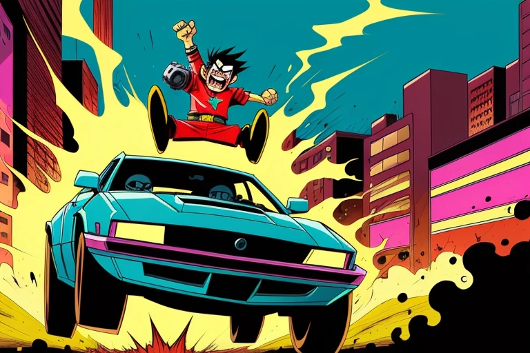 In a playful comic style by Scottie Young and Skottie Young, we see a whimsical hero flying through a neon-lit cityscape, detailed face, perfect eye, perfect hands lifting a car above their head with ease. The hero lets out a playful yell as they hurl the car towards a group of malfunctioning robots. Suddenly, a bolt of lightning strikes the car mid-flight, causing it to explode and take out the robots in a spectacular fashion.