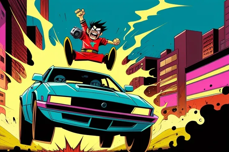 In a playful comic style by Scottie Young and Skottie Young, we see a whimsical hero flying through a neon-lit cityscape, detailed face, perfect eye, perfect hands  lifting a car above their head with ease. The hero lets out a playful yell as they hurl the car towards a group of malfunctioning robots. Suddenly, a bolt of lightning strikes the car mid-flight, causing it to explode and take out the robots in a spectacular fashion.