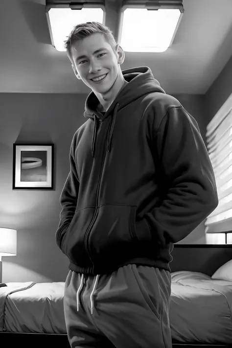 32K, Masterpiece, cinematic lighting, ((monochrome)), perfect shading, art station enhanced, visually arresting photograph of <lora:CFRocky:1> CFRocky, short hair, smile, teeth, stubble, slender male, sweatpants, sweatshirt with hood, standing, porn set background, hands in pockets, close up, bed, window, ceiling light, painting, (((SFW))),