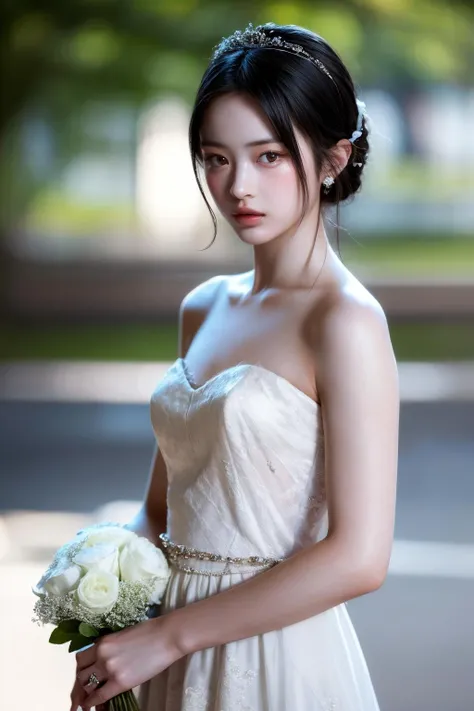(realistic), (hyperrealism),best quality, masterpiece,ultra high res, (photorealistic:1.4),1girl,pale skin,skinny,(looking at viewer:2), <lora:add_detail:0.6>,simple background, sunlight,
<lora:makina69_hanni_v1.0:1>   , (tattered) wedding dress , bare shoulders, close-up