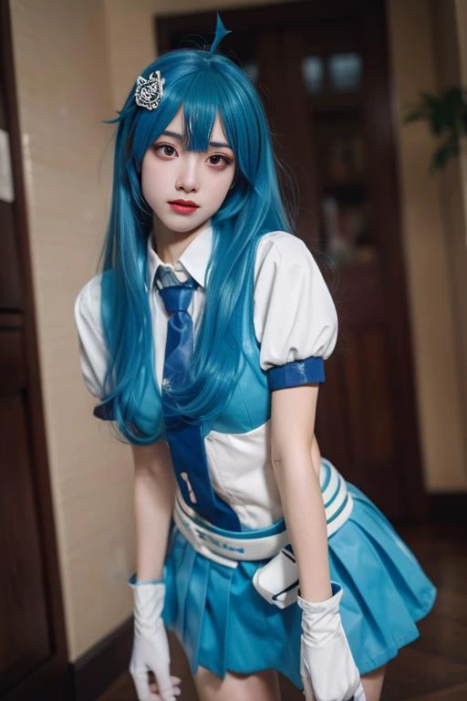 ltra-detailed,highly detailed,best quality,masterpiece,illustration,realistic,photorealistic,
22niang, bilibili suit, 1girl, cosplay, solo,
aqua hair, long hair, hair ornament, ahoge, hair ribbon,
collared shirt, puffy short sleeves, necktie, belt, pleated skirt, gloves,
looking at viewer, standing,
<lora:bilibili22niang_v1_07:0.7>