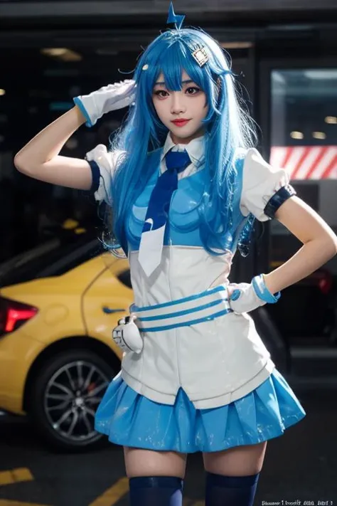 ltra-detailed,highly detailed,best quality,masterpiece,illustration,realistic,photorealistic,
22niang, bilibili suit, 1girl, cosplay, solo,
aqua hair, long hair, hair ornament, ahoge, hair ribbon,
collared shirt, puffy short sleeves, necktie, belt, pleated skirt, gloves,
looking at viewer, standing,
<lora:bilibili22niang_v1_07:1.0>