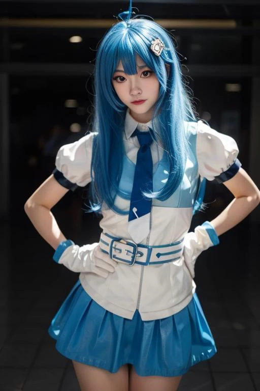 ltra-detailed,highly detailed,best quality,masterpiece,illustration,realistic,photorealistic,
22niang, bilibili suit, 1girl, cosplay, solo,
aqua hair, long hair, hair ornament, ahoge, hair ribbon,
collared shirt, puffy short sleeves, necktie, belt, pleated skirt, gloves,
looking at viewer, standing,
<lora:bilibili22niang_v1_07:0.8>