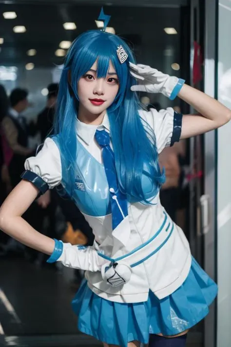 ltra-detailed,highly detailed,best quality,masterpiece,illustration,realistic,photorealistic,
22niang, bilibili suit, 1girl, cosplay, solo,
aqua hair, long hair, hair ornament, ahoge, hair ribbon,
collared shirt, puffy short sleeves, necktie, belt, pleated skirt, gloves,
looking at viewer, standing,
<lora:bilibili22niang_v1_07:0.99>