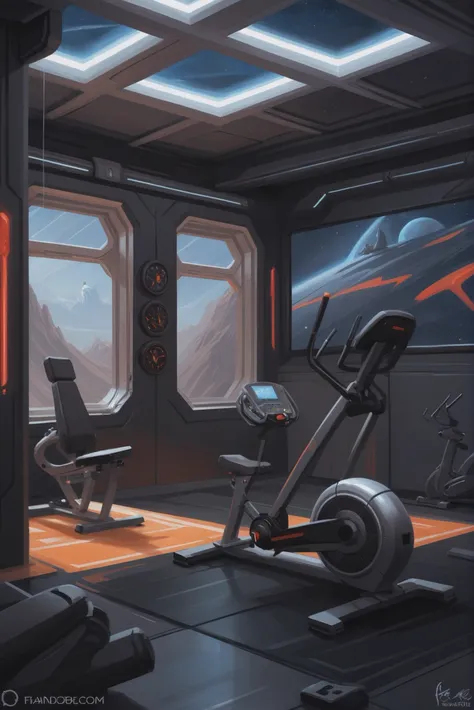 scifi digital painting, Home Gym \(room\) <lora:EnvyStarlightScifiDigitalPainting01:1>