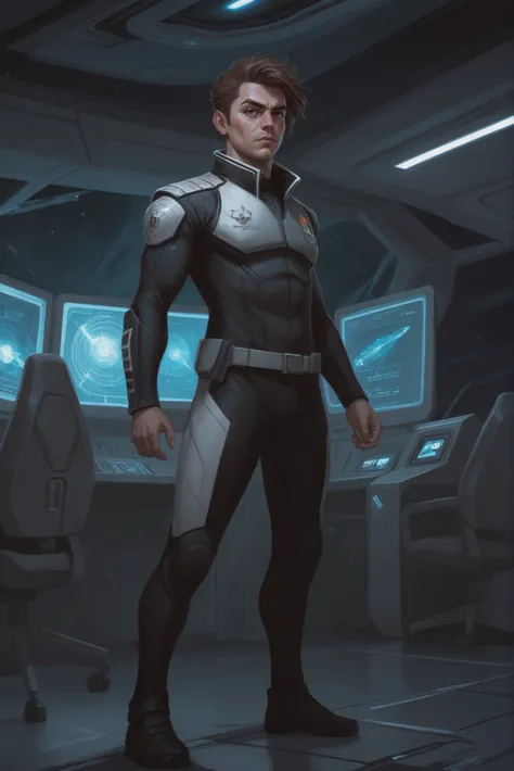 scifi digital painting, (full body:1.2), 1boy, man, masculine, solo, [:creative costume design,:0.2] admiral, caucasian, papayawhip hair, (athletic:1) build, Command and Control Center \(room\) <lora:EnvyStarlightScifiDigitalPainting01:1>