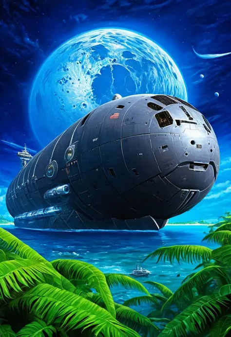 scifi digital painting, (paperback book) cover, A massive, clunky, space-age seagoing cargo freighter with bio-synthetic interfaces in a tropical lagoon, blue sky, 2 moons, masterpiece, sharp focus, high detailed, realistic,