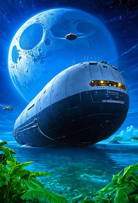 scifi digital painting, (paperback book) cover, A massive, clunky, space-age seagoing cargo freighter with bio-synthetic interfaces in a tropical lagoon, blue sky, 2 moons, masterpiece, sharp focus, high detailed, realistic,