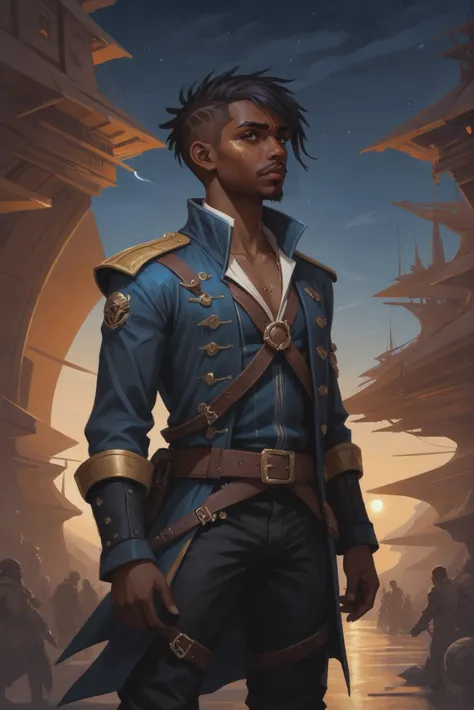 scifi digital painting, (full body:1.2), 1boy, man, ruggedly handsome, solo, [:epic costume design,:0.2] pirate, (african, dark skin:0.6), shiny cadetblue hair, (slim:1) build, golden hour, architecture, "at the Ethereal timeless Stargate"<lora:scifi_digital_painting:1:1:lbw=SDXL_OUTS>