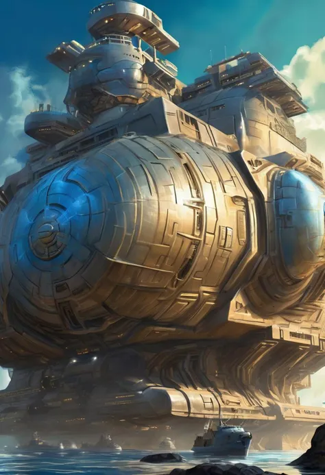 scifi digital painting, (paperback book) cover, A massive, clunky, space-age seagoing cargo freighter with bio-synthetic interfaces in a tropical lagoon, blue sky, 2 moons, masterpiece, sharp focus, high detailed, realistic,