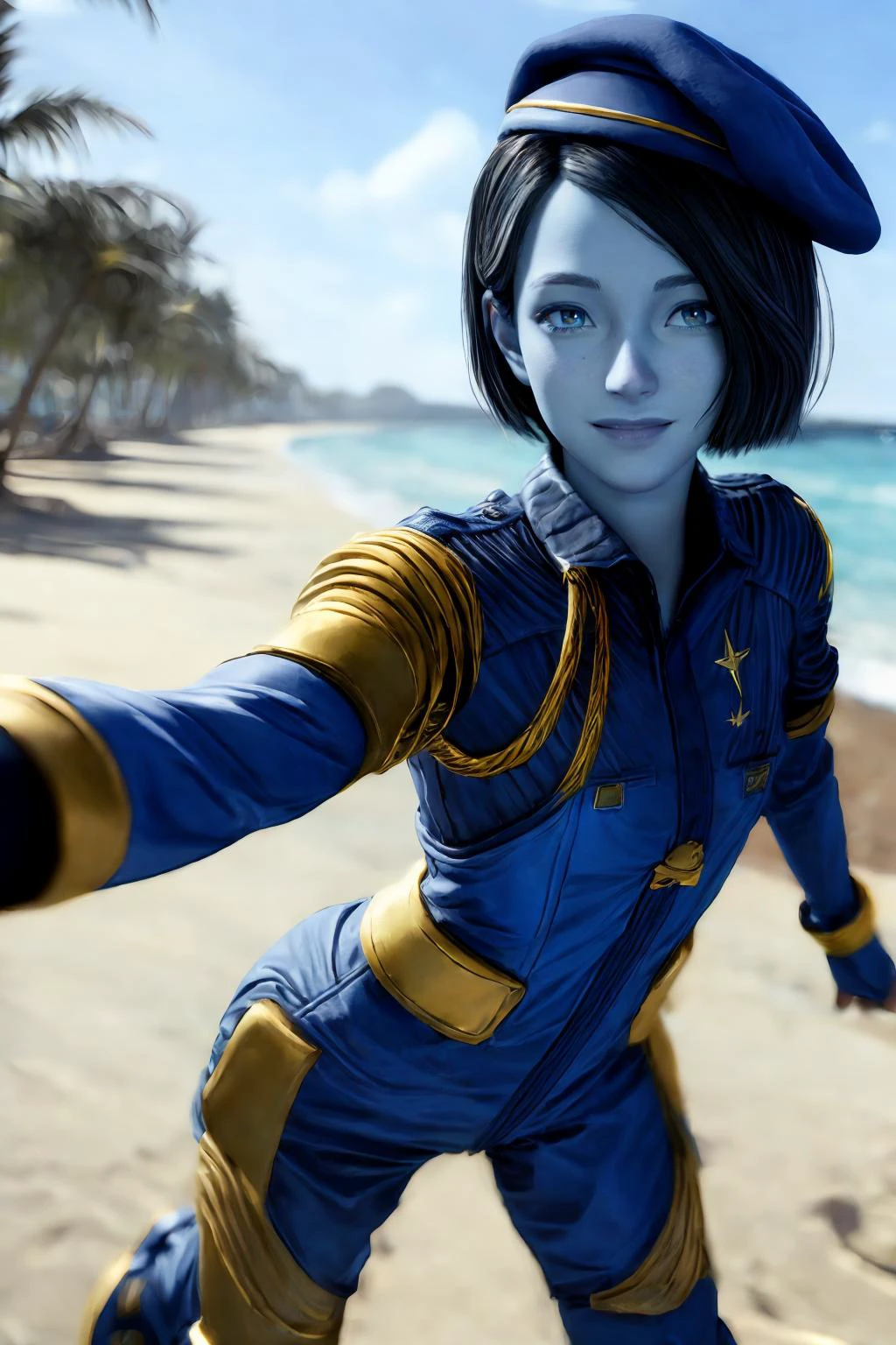 (masterpiece, best quality), (absurdres:1.3), (photorealistic:1.4), Cinematic Lighting, RAW photo of cute idol, (1girl:1.8), solo, (flat chest:1.2), (ultra detailed, ultra realistic, hyper realistic, 8K, ultra highres:1.2) stretching, (dynamic pose:1.7), facing viewer, bokeh, sharp focus, depth of field, (high detailed skin, detailed skin texture:1.2), lips, slim, slender, detailed eyes, detailed face, mischievous, smirk, (short girl, petite body:1.5), alien planet, outdoors, (day:1.6), sunny, beach. palm trees, white sand, island background, (planetary ring in far background:1.3), blue sky, stars,
<lora:Nikki_Gold_GOTGv1.0:0.8>, nikkigotg, (blue skin:1.3), beret, black hair, uniform, police uniform,
<lora:add_detail:0.8>, detailed skin texture, (blush:0.2), (goosebumps:0.3), subsurface scattering