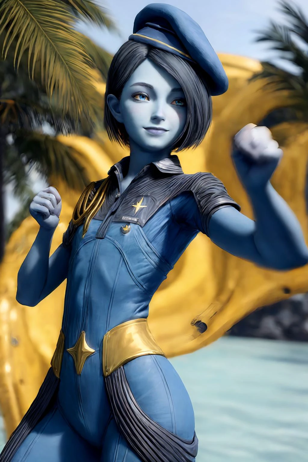 (masterpiece, best quality), (absurdres:1.3), (photorealistic:1.4), Cinematic Lighting, RAW photo of cute idol, (1girl:1.8), solo, (flat chest:1.2), (ultra detailed, ultra realistic, hyper realistic, 8K, ultra highres:1.2) stretching, (dynamic pose:1.7), facing viewer, bokeh, sharp focus, depth of field, (high detailed skin, detailed skin texture:1.2), lips, slim, slender, detailed eyes, detailed face, mischievous, smirk, (short girl, petite body:1.5), alien planet, outdoors, (day:1.6), sunny, beach. palm trees, white sand, island background, (planetary ring in far background:1.3), blue sky, stars,
<lora:Nikki_Gold_GOTGv1.0:0.8>, nikkigotg, (blue skin:1.3), beret, black hair, uniform, police uniform,
<lora:add_detail:0.8>, detailed skin texture, (blush:0.2), (goosebumps:0.3), subsurface scattering