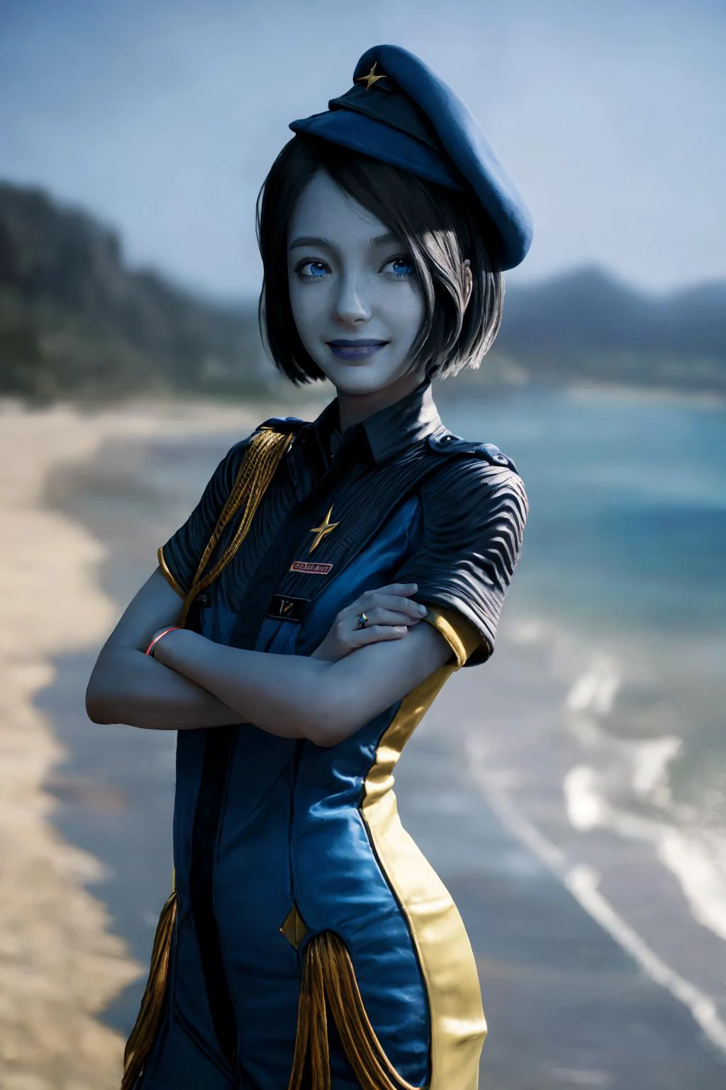 (masterpiece, best quality), (absurdres:1.3), (photorealistic:1.4), Cinematic Lighting, RAW photo of cute idol, (1girl:1.8), (solo:1.8), (flat chest:1.2), (ultra detailed, ultra realistic, hyper realistic, 8K, ultra highres:1.2), (dynamic pose:1.4), cowboy shot, (crossed arms:1.5), clenched hands, floating, sharp focus, (high detailed skin, detailed skin texture:1.2), lips, slim, slender, detailed eyes, detailed face, smug smile, (short girl, petite body:1.5), alien planet, outdoors, (day:1.6), sunny, beach. palm trees, white sand, island background, (planetary ring in far background:1.3), blue sky, stars,
<lora:Nikki_Gold_GOTGv1.0:0.8>,nikkigotg, blue skin, black hair, 1girl, beret, short hair, hat, blue headwear, uniform, police uniform
<lora:add_detail:0.5>
<lora:GoodHands-beta2:1.>, nice hands, perfect hands,, detailed skin texture, (blush:0.2), (goosebumps:0.3), subsurface scattering