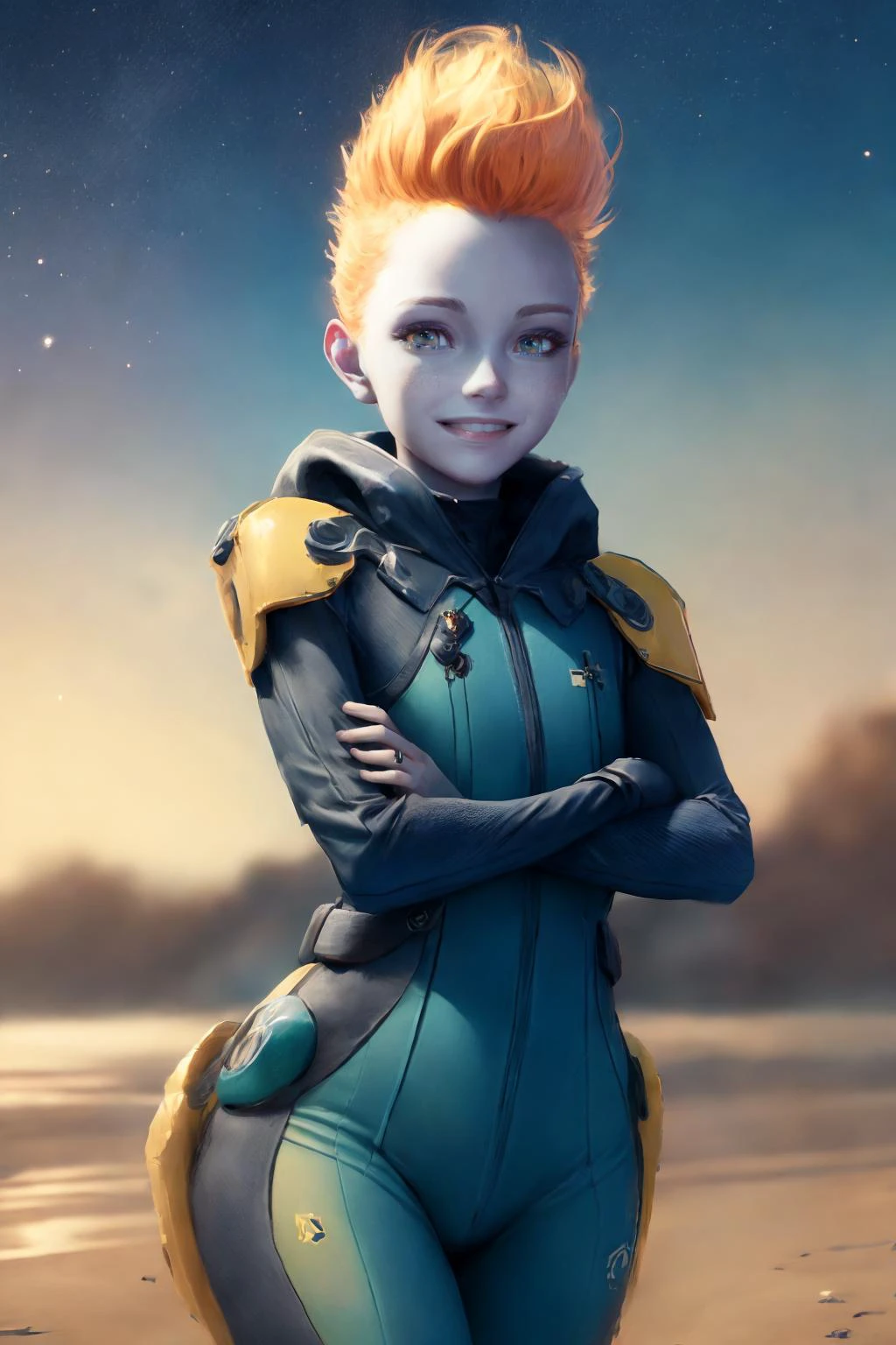 (masterpiece, best quality), (absurdres:1.3), (photorealistic:1.4), Cinematic Lighting, RAW photo of cute idol, (1girl:1.8), (solo:1.8), (flat chest:1.2), (ultra detailed, ultra realistic, hyper realistic, 8K, ultra highres:1.2), (dynamic pose:1.4), cowboy shot, (crossed arms:1.5), clenched hands, floating, sharp focus, (high detailed skin, detailed skin texture:1.2), lips, slim, slender, detailed eyes, detailed face, light smile, (short girl, petite body:1.5), alien planet, outdoors, (day:1.6), sunny, beach. palm trees, white sand, island background, (planetary ring in far background:1.3), blue sky, stars,
<lora:Nikki_Gold_GOTGv1.0:0.8>, nikkigotg, blue skin, 1girl, orange hair, flame hair, alternate outfit, blue bodysuit, blue pilot suit, shoulder armor,
<lora:add_detail:0.5>
<lora:GoodHands-beta2:1.>, nice hands, perfect hands,, detailed skin texture, (blush:0.2), (goosebumps:0.3), subsurface scattering