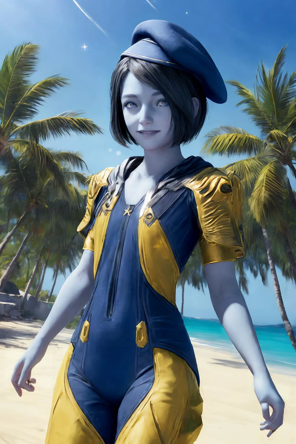 (masterpiece, best quality), (absurdres:1.3), (photorealistic:1.4), Cinematic Lighting, RAW photo of cute idol, (1girl:1.8), solo, (flat chest:1.2), (ultra detailed, ultra realistic, hyper realistic, 8K, ultra highres:1.2),( cowboy shot:1.4), (dynamic pose:1.5), arms behind back, facing viewer, sharp focus, (high detailed skin, detailed skin texture:1.2), lips, slim, slender, detailed eyes, detailed face, (short girl, petite body:1.5), alien planet, outdoors, (day:1.6), sunny, beach. palm trees, white sand, island background, (planetary ring in far background:1.3), blue sky, stars,
<lora:Nikki_Gold_GOTGv1.0:0.8>, nikkigotg, (blue skin:1.3), beret, black hair, competition swimsuit,
<lora:add_detail:0.5>,, detailed skin texture, (blush:0.2), (goosebumps:0.3), subsurface scattering