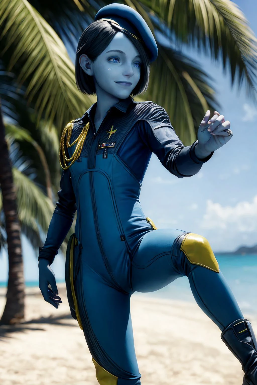 (masterpiece, best quality), (absurdres:1.3), (photorealistic:1.4), Cinematic Lighting, RAW photo of cute idol, (1girl:1.8), solo, (flat chest:1.2), (ultra detailed, ultra realistic, hyper realistic, 8K, ultra highres:1.2), (dynamic pose:1.5), facing viewer, bokeh, sharp focus, depth of field, (high detailed skin, detailed skin texture:1.2), lips, slim, slender, detailed eyes, detailed face, mischievous, smirk, (short girl, petite body:1.5), alien planet, outdoors, (day:1.6), sunny, beach. palm trees, white sand, island background, (planetary ring in far background:1.3), blue sky, stars,
<lora:Nikki_Gold_GOTGv1.0:0.8>, nikkigotg, (blue skin:1.3), beret, black hair, uniform, police uniform, black boots
<lora:add_detail:0.5>, <lora:GoodHands-vanilla:1.0>, detailed skin texture, (blush:0.2), (goosebumps:0.3), subsurface scattering