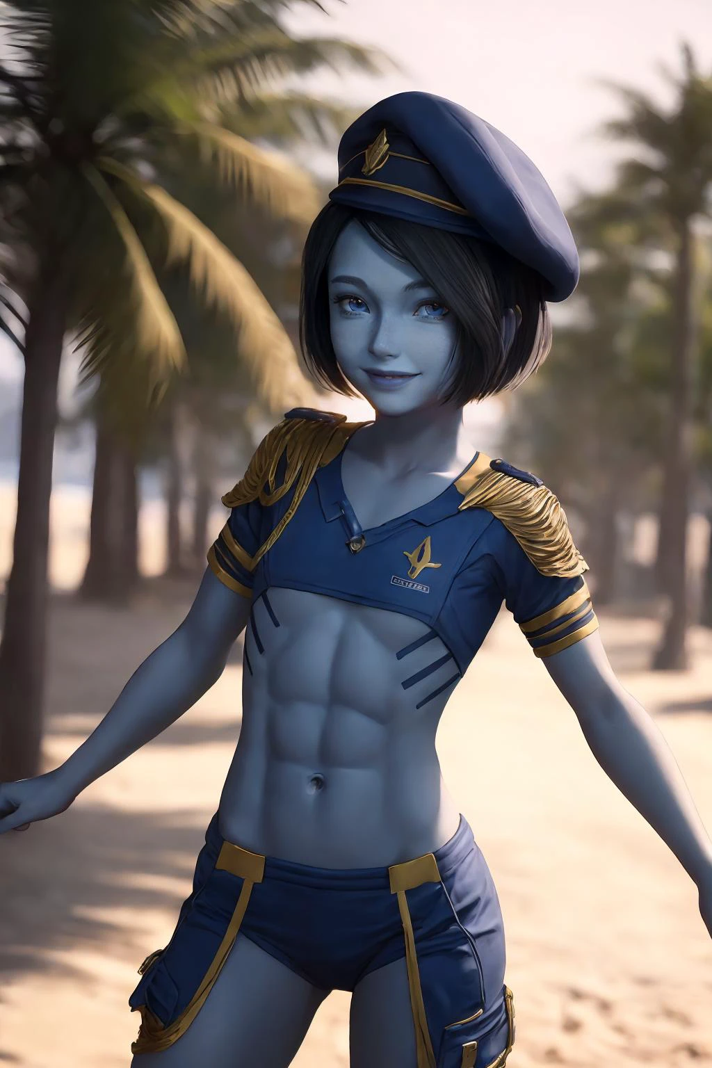 (masterpiece, best quality), (absurdres:1.3), (photorealistic:1.4), Cinematic Lighting, RAW photo of cute idol, (1girl:1.8), solo, (flat chest:1.4), (abs:1.5), (nude:0.0), (ultra detailed, ultra realistic, hyper realistic, 8K, ultra highres:1.2), (dynamic pose:1.7), bokeh, sharp focus, depth of field, (high detailed skin, detailed skin texture:1.2), lips, slim, slender, detailed eyes, detailed face, mischievous, smirk, (short girl, petite body:1.5), outdoors, (day:1.6), sunny, beach. palm trees, white sand, island background, planetary ring, very short hairstyle with shaved sides:1.4), pixie cut,
<lora:Nikki_Gold_GOTGv1.0:0.6> nikkigotg, blue skin, beret, black hair, topless, bottomless, uniform, police uniform,, detailed skin texture, (blush:0.2), (goosebumps:0.3), subsurface scattering