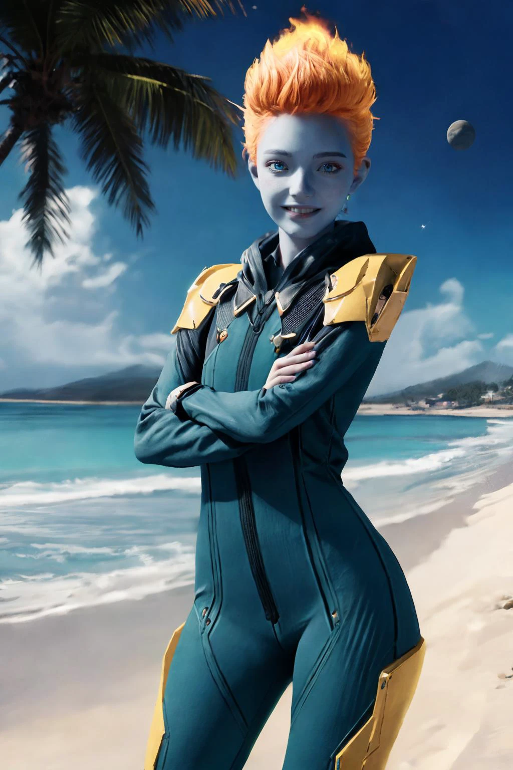 (masterpiece, best quality), (absurdres:1.3), (photorealistic:1.4), Cinematic Lighting, RAW photo of cute idol, (1girl:1.8), (solo:1.8), (flat chest:1.2), (ultra detailed, ultra realistic, hyper realistic, 8K, ultra highres:1.2), (dynamic pose:1.4), cowboy shot, (crossed arms:1.5), clenched hands, floating, sharp focus, (high detailed skin, detailed skin texture:1.2), lips, slim, slender, detailed eyes, detailed face, light smile, (short girl, petite body:1.5), alien planet, outdoors, (day:1.6), sunny, beach. palm trees, white sand, island background, (planetary ring in far background:1.3), blue sky, stars,
<lora:Nikki_Gold_GOTGv1.0:0.8>, nikkigotg, (blue skin:1.2), 1girl, orange hair, flame hair, alternate outfit, blue bodysuit, blue pilot suit, shoulder armor,
<lora:add_detail:0.5>
<lora:GoodHands-beta2:1.>, nice hands, perfect hands,, detailed skin texture, (blush:0.2), (goosebumps:0.3), subsurface scattering