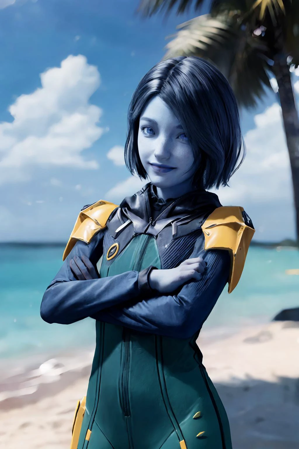 (masterpiece, best quality), (absurdres:1.3), (photorealistic:1.4), Cinematic Lighting, RAW photo of cute idol, (1girl:1.8), (solo:1.8), (flat chest:1.2), (ultra detailed, ultra realistic, hyper realistic, 8K, ultra highres:1.2), (dynamic pose:1.4), cowboy shot, (crossed arms:1.5), clenched hands, floating, sharp focus, (high detailed skin, detailed skin texture:1.2), lips, slim, slender, detailed eyes, detailed face, light smile, (short girl, petite body:1.5), alien planet, outdoors, (day:1.6), sunny, beach. palm trees, white sand, island background, (planetary ring in far background:1.3), blue sky, stars,
<lora:Nikki_Gold_GOTGv1.0:0.8>, nikkigotg, (blue skin:1.2), 1girl, orange hair, flame hair, alternate outfit, blue bodysuit, blue pilot suit, shoulder armor,
<lora:add_detail:0.5>
<lora:GoodHands-beta2:1.>, nice hands, perfect hands,, detailed skin texture, (blush:0.2), (goosebumps:0.3), subsurface scattering