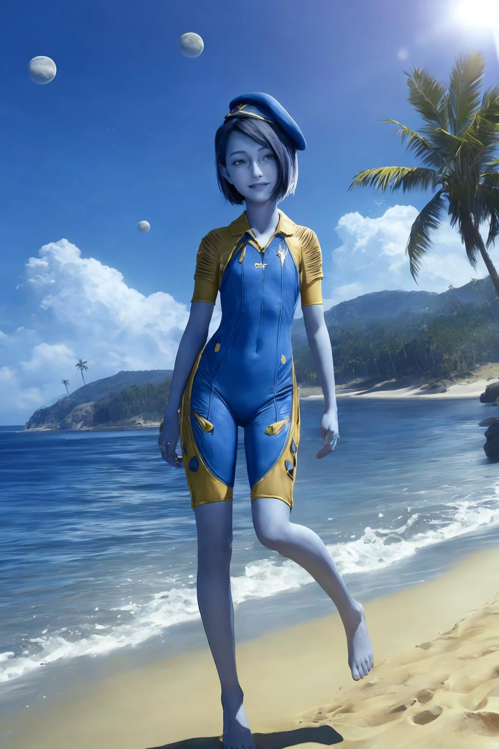 (masterpiece, best quality), (absurdres:1.3), (photorealistic:1.4), Cinematic Lighting, RAW photo of cute idol, (1girl:1.8), solo, (flat chest:1.2), (ultra detailed, ultra realistic, hyper realistic, 8K, ultra highres:1.2), (dynamic pose:1.5), arms behind back, facing viewer, sharp focus, (high detailed skin, detailed skin texture:1.2), lips, slim, slender, detailed eyes, detailed face, (short girl, petibody:1.5), alien planet, outdoors, (day:1.6), sunny, beach. palm trees, white sand, island background, (planetary ring in far background:1.3), blue sky, stars,
<lora:Nikki_Gold_GOTGv1.0:0.8>, nikkigotg, (blue skin:1.3), beret, black hair, competition swimsuit,
<lora:add_detail:0.5>,, detailed skin texture, (blush:0.2), (goosebumps:0.3), subsurface scattering