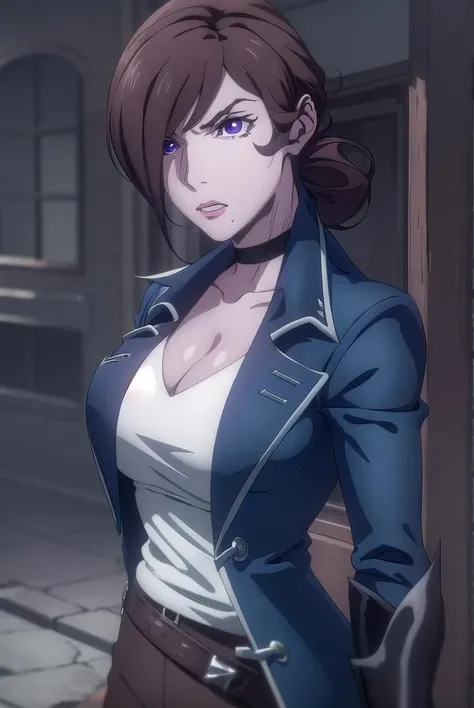 castlevaniajulia, <lora:castlevaniajulia-lora-nochekaiser:1>,
castlevaniajulia, brown hair, (purple eyes:1.1), short hair, hair bun, mole, makeup, single hair bun, lipstick, mole under mouth, red lipstick,
BREAK shirt, gloves, cleavage, collarbone, jacket, white shirt, choker, black gloves, belt, pants, blue jacket, brown pants,
BREAK looking at viewer, upper body, full body,
BREAK outdoors, night, sky,
BREAK <lyco:GoodHands-beta2:1>, (masterpiece:1.2), best quality, high resolution, unity 8k wallpaper, (illustration:0.8), (beautiful detailed eyes:1.6), extremely detailed face, perfect lighting, extremely detailed CG, (perfect hands, perfect anatomy),
