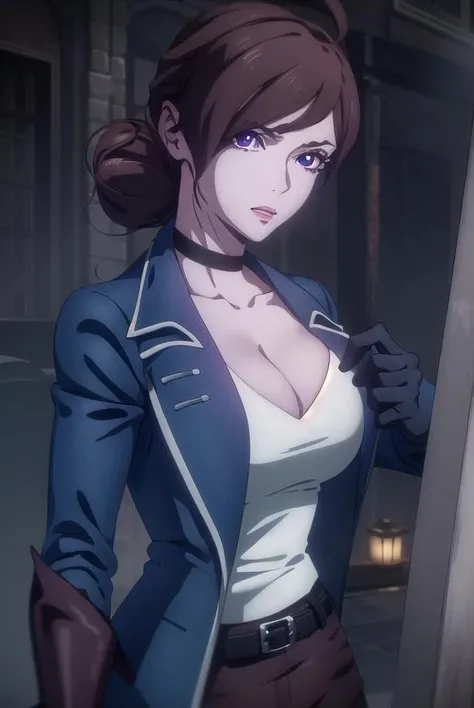 castlevaniajulia, <lora:castlevaniajulia-lora-nochekaiser:1>,
castlevaniajulia, brown hair, (purple eyes:1.1), short hair, hair bun, mole, makeup, single hair bun, lipstick, mole under mouth, red lipstick,
BREAK shirt, gloves, cleavage, collarbone, jacket, white shirt, choker, black gloves, belt, pants, blue jacket, brown pants,
BREAK looking at viewer, upper body, full body,
BREAK outdoors, night, sky,
BREAK <lyco:GoodHands-beta2:1>, (masterpiece:1.2), best quality, high resolution, unity 8k wallpaper, (illustration:0.8), (beautiful detailed eyes:1.6), extremely detailed face, perfect lighting, extremely detailed CG, (perfect hands, perfect anatomy),