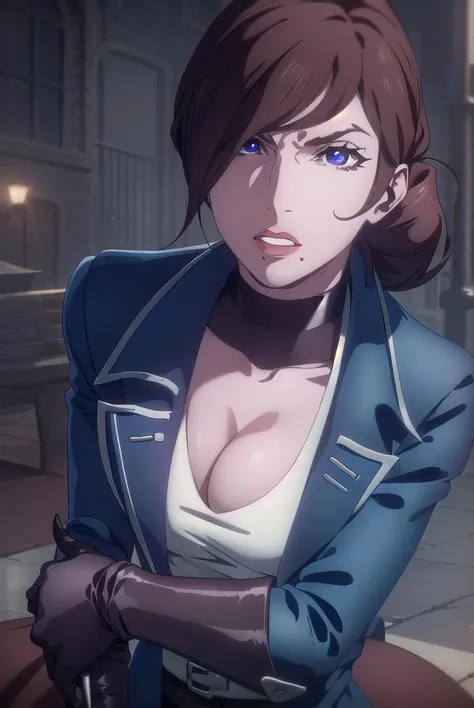castlevaniajulia, <lora:castlevaniajulia-lora-nochekaiser:1>,
castlevaniajulia, brown hair, (purple eyes:1.1), short hair, hair bun, mole, makeup, single hair bun, lipstick, mole under mouth, red lipstick,
BREAK shirt, gloves, cleavage, collarbone, jacket, white shirt, choker, black gloves, belt, pants, blue jacket, brown pants,
BREAK looking at viewer, upper body, full body,
BREAK outdoors, night, sky,
BREAK <lyco:GoodHands-beta2:1>, (masterpiece:1.2), best quality, high resolution, unity 8k wallpaper, (illustration:0.8), (beautiful detailed eyes:1.6), extremely detailed face, perfect lighting, extremely detailed CG, (perfect hands, perfect anatomy),