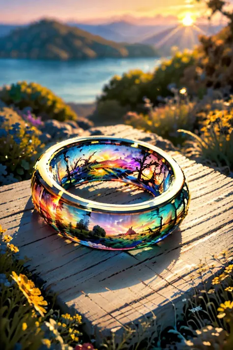 (best quality, masterpiece, colorful, highest detailed), ultra detailed, 8k, (intricate details, hyperdetailed:1.15), detailed, (official art, extreme detailed, highest detailed), soft nature lights, soft colors, (natural light, ray tracing, cinematic lighting, bloom, volumetric light), (a vibrant sunset in the clouds, with hues of orange, pink, and purple painting the sky, celestial mechanics:1.4), <lora:GlassRingSora:0.8>, (Glass Ring, gold trim:1.2),