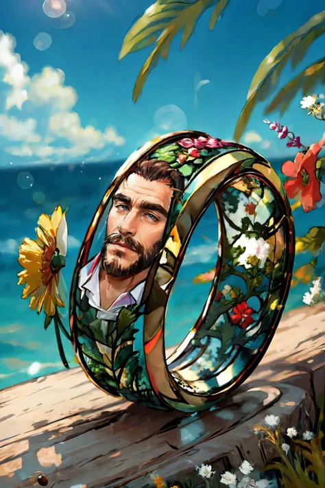 <lora:GlassRingSora:.85>, (Glass Ring), male, bara, mature, facial hair