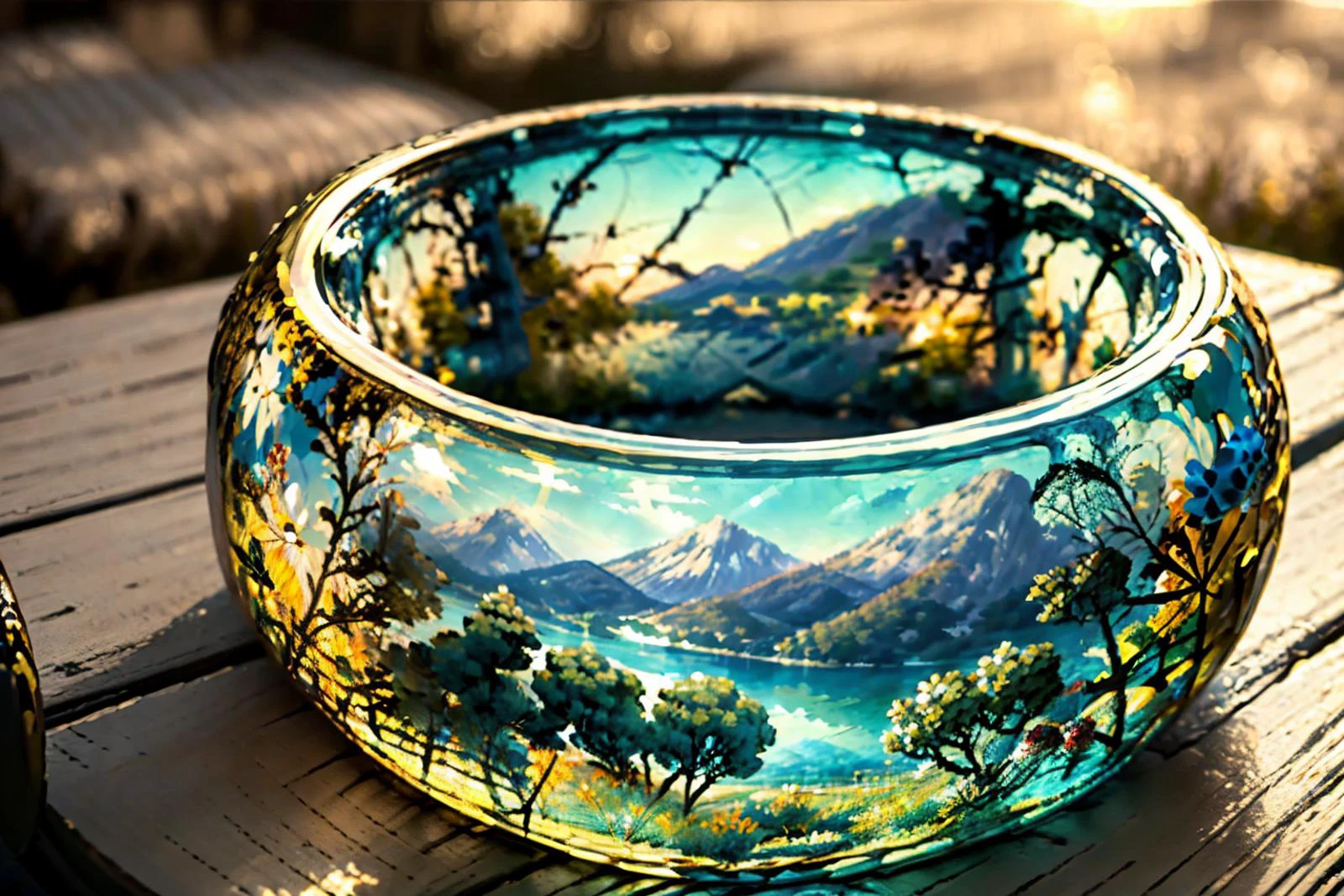 (best quality, masterpiece, colorful, highest detailed), ultra detailed, 8k, (intricate details, hyperdetailed:1.15), detailed, (official art, extreme detailed, highest detailed), soft nature lights, soft colors, (natural light, ray tracing, cinematic lighting, bloom, volumetric light), (a serene lake of crystal-clear water reflecting the colors of the heavenly sky:1.4), <lora:GlassRingSora:0.8>, (Glass Ring, jade mixed, gold trim, lace trim:1.2),