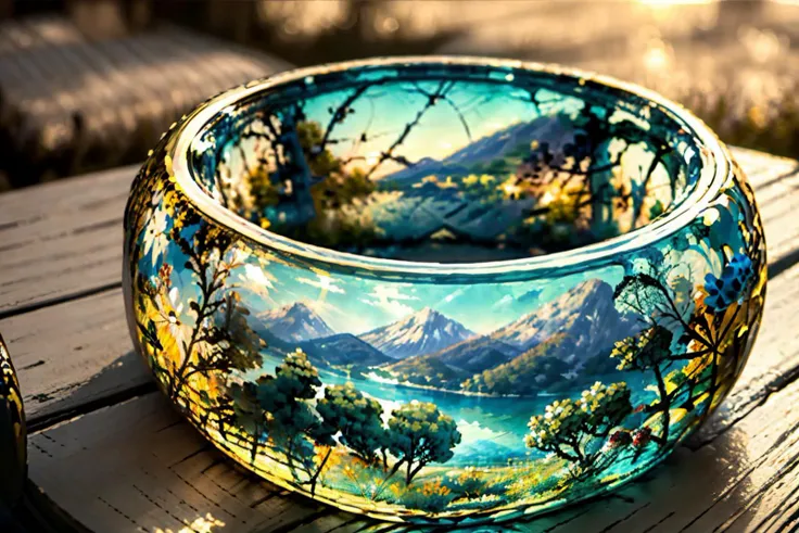 (best quality, masterpiece, colorful, highest detailed), ultra detailed, 8k, (intricate details, hyperdetailed:1.15), detailed, (official art, extreme detailed, highest detailed), soft nature lights, soft colors, (natural light, ray tracing, cinematic lighting, bloom, volumetric light), (a serene lake of crystal-clear water reflecting the colors of the heavenly sky:1.4), <lora:GlassRingSora:0.8>, (Glass Ring, jade mixed, gold trim, lace trim:1.2),