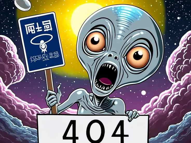 (text as "404 phone home"), <lora:textxl:1.1> an alien gray entity, holding up a sign, puzzled look, confounded, bemused, UFO's flying overhead, Celestial Harmony, Astronomical Phenomenon