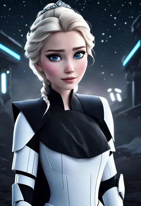 detailed photography, high quality, DSLR, beautiful, ((full body shot)) of ((Disney's Elsa, dark theme)), dressed in ((messy hair, tattered storm trooper outfit)), ((beautiful face)), (athletic toned body, prominent cheekboness), dynamic pose, fine detail (Beautiful), minimal lighting, at night, post processing realistic shadow rendering