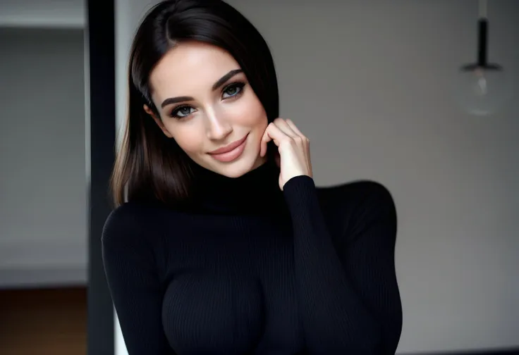 8k, ultrahigh quality, <lora:add-detail-xl:1> <ti:Endless_Up_SDXL_Neg> <ti:SimplepositiveXLv1>, 1girl, 25 yo brunette, shy smile, turtleneck sweater, black tight pants, perfect female body, wide hips:1.5, narrow waist, perky medium breasts,  ultra high detail clothing , texturedetailed skin:1.2, makeup, shallow depth of field, dslr, soft lighting, high quality, film grain, hasselblad, helios44-2 58mm f2, super detail clothing, (intricate details:1.4), perfect beautiful eyes