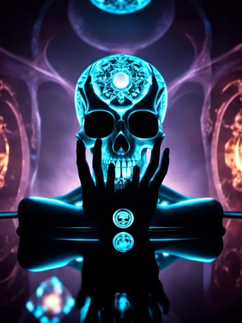 cinematic HDR photo, a humanesque silhouette, looking into an infinity mirror, geometrically shaped, eye of horus, Illuminati, skull and bones society, infinity detail, illusion, smoke, mirrors, high dynamic range, vivid, rich details, vibrant shadows, detailed highlights, realistic, intense, 35mm film, bokeh, professional, 4k,