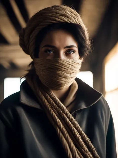 Beautiful, ite woman, stunning eyes, cheeky smile, (face covered by rope:1.9), hemp rope, mummified in rope, standing in an abandoned rope factory, Hasselblad X1D-50C, 50mm lens, f/1.4, Rembrandt lighting, (facial portrait), surreal photography,